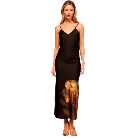 Misa Los Angeles Dresses & Skirts - MISA Los Angeles Slip Dress Zia Black Satin Yellow Rose Graphic XS NEW